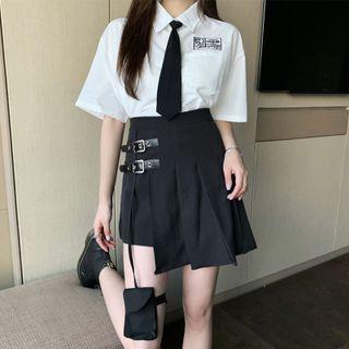 Short-sleeve Shirt / Asymmetrical Pleated Mini A-line Skirt / Necktie / Set