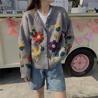 Crewneck Floral Long-sleeve Cardigan Gray - One Size