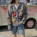 Crewneck Floral Long-sleeve Cardigan Gray - One Size