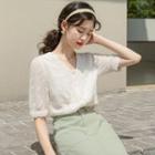 Short-sleeve V-neck Lace Blouse Beige - One Size