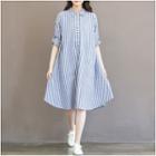 Tab-sleeve Striped Shirtdress With Cord