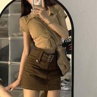 Short-sleeve Button-up Top / Belted Mini Fitted Skirt
