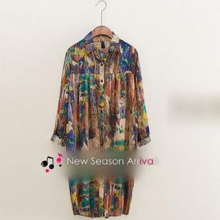 Long-sleeve Printed Long Blouse