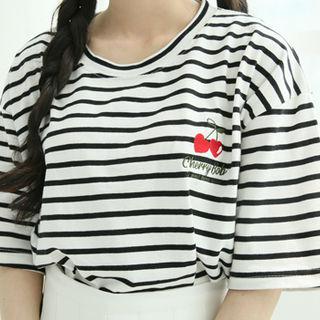 Cherry Print Striped T-shirt