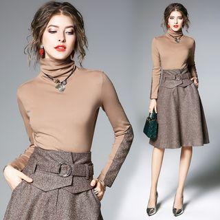 Set: Turtleneck Long-sleeve T-shirt + High-waist A-line Skirt