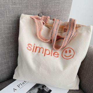 Lettering Smiley Embroidered Tote Bag