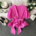 V-neck Ruffle-hem Puff-sleeve Tie-waist Top