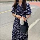 Short-sleeve Flower Print Midi A-line Dress Navy Blue - One Size