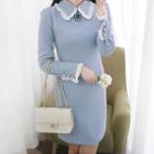 Contrast Frill-trim Sheath Dress With Brooch