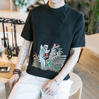 Print Band Collar Short Sleeve T-shirt