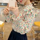 Frill-neck Puff-sleeve Floral Blouse