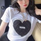 Short-sleeve Heart Print Rhinestone T-shirt
