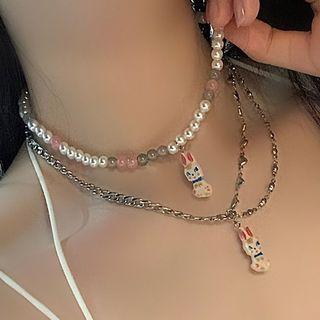 Rabbit Pendant Alloy Necklace / Rabbit Pendant Faux Pearl Necklace