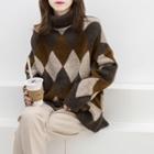 Mock-turtleneck Argyle Sweater Argyle - Brown & Beige - One Size