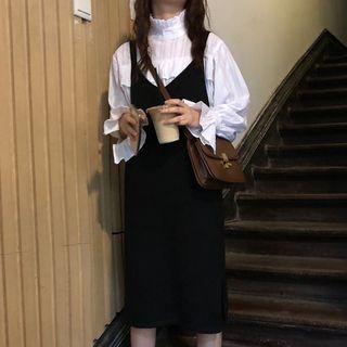 Bell-sleeve Blouse/ Midi Pinafore Dress