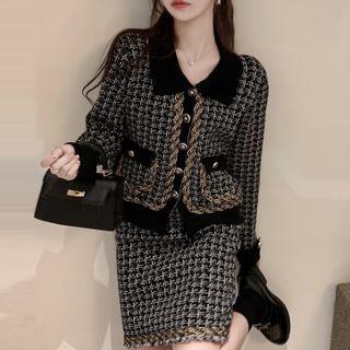 Tweed Button-up Jacket / Frayed Mini Pencil Skirt