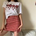 Rose Print Short-sleeve T-shirt / Plaid Slit Mini Pencil Skirt