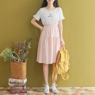 Mock Two-piece Short-sleeve Embroidered Dress