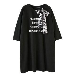 Lettering Elbow-sleeve Tie Neck T-shirt