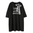 Lettering Elbow-sleeve Tie Neck T-shirt