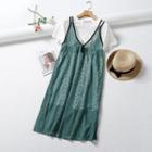 Set: Crew-neck Short-sleeve T-shirt + V-neck Lace Spaghetti Strap Dress