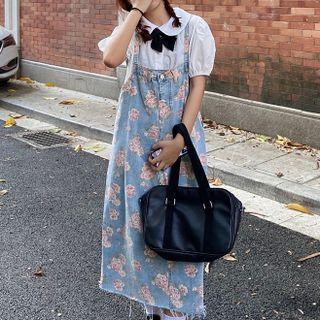 Flower Print Denim Midi Overall Dress