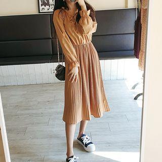 Petite Size Frilled Tie-neck Midi Pleated Dress