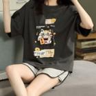 Loungewear Set : Short-sleeve Fortune Cat Print Top + Shorts