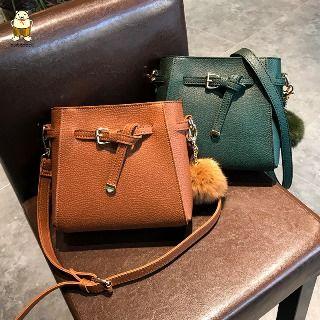 Faux-leather Pompom-accent Cross Bag