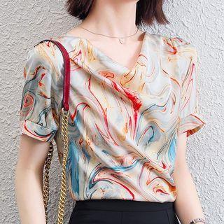 Short Sleeve Cowl-neck Printed Chiffon Top