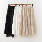 Mesh Panel Tiered Midi A-line Skirt