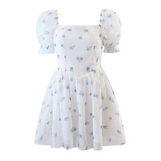Puff-sleeve Floral Print Mini Corset Dress
