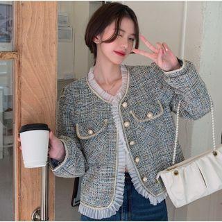 Mesh Trim Single-breasted Tweed Jacket
