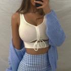 Ribbed-knit Drawstring Cut-out Crop Tank Top