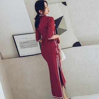 Elbow-sleeve Lace Trim Midi Qipao Dress