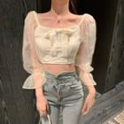 Mesh Panel Long-sleeve Bow Cropped Top Beige Almond - One Size