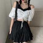 Short-sleeve Drawstring Blouse / Spaghetti Strap Top / Mini A-line Skirt