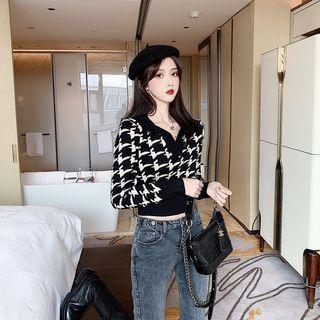 V Neck Houndstooth Sweater As Shown In Figure - One Size