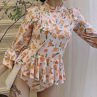 Long-sleeve Ruffled Fruit-print Swimsuit