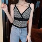 Sleeveless Contrast Trim Houndstooth Double Breast Top