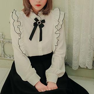 Frilled Crepe Blouse With Brooch