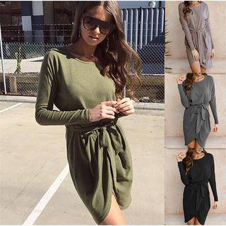 Long Sleeve Gathered-waist Oversized Plain Sheath Dress