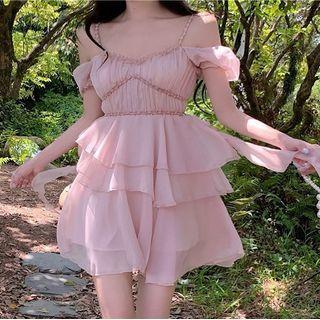 Short-sleeve Tiered A-line Dress Pink - One Size