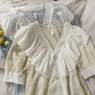 Patchwork Ruffled-trim V-neck Blouse