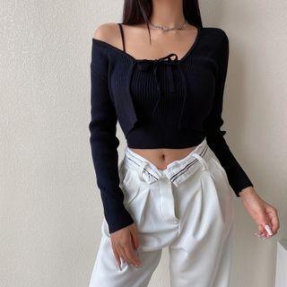 Set: Spaghetti Strap Plain Top+ Tie-front Jacket
