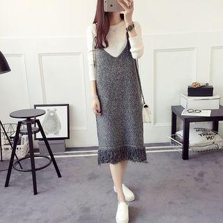 Fringed Melange A-line Midi Spaghetti Strap Dress