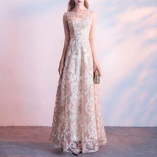 Sleeveless Embroidered A-line Gown