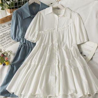 Puff-sleeve Ruffle-trim Midi Shirtdress