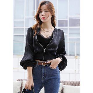 Strappy Lace-trim Velvet Top Black - One Size