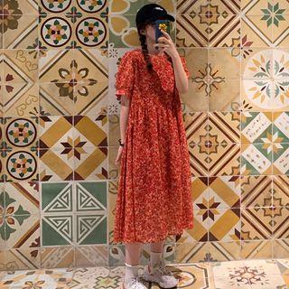 Floral Print Short-sleeve Midi A-line Dress Tangerine Red - One Size